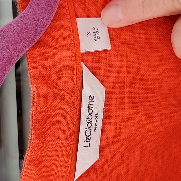 Liz Claiborne 💯 Linen Orange Button-Up Blouse Short Sleeve With Pintucks Sz 1X - Picture 2 of 9